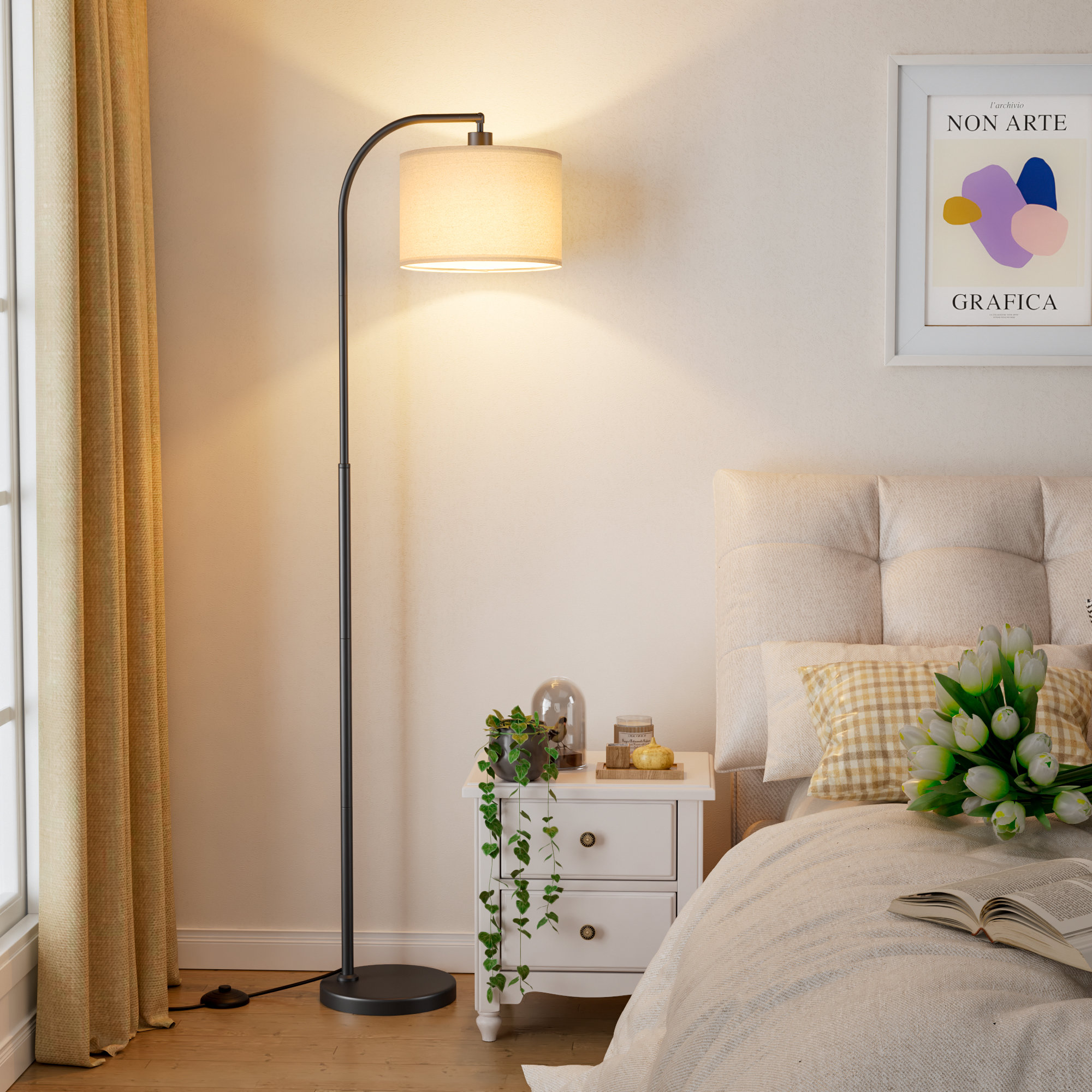 Ebern Designs 63'' Black Stepless Dimmable Arched Floor Lamp With Remote Control and Foot Switch | Wayfair