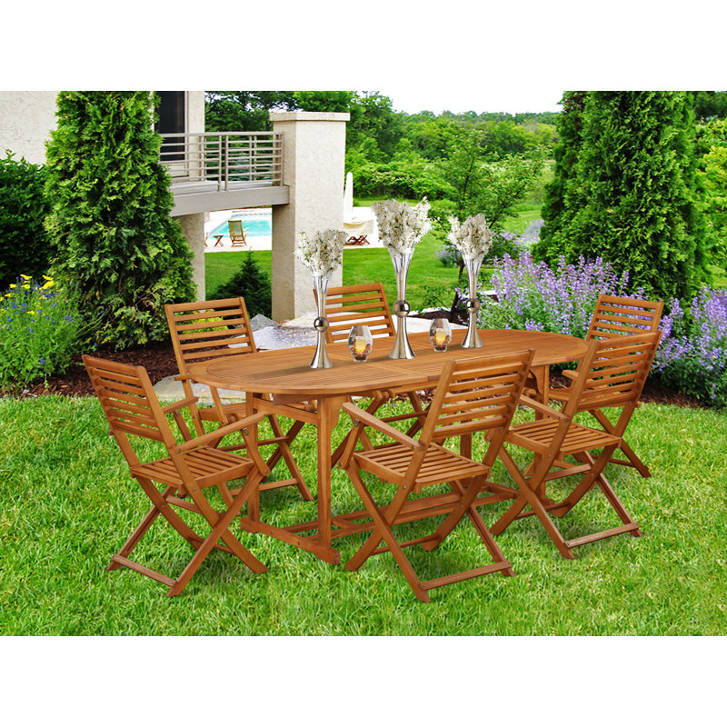 Ensemble de salle à manger 7 pièces pour patio composé d'une table d'extérieur ovale en bois d'acacia et de 6 chaises pliantes, 36 x 78 po, huile naturelle
