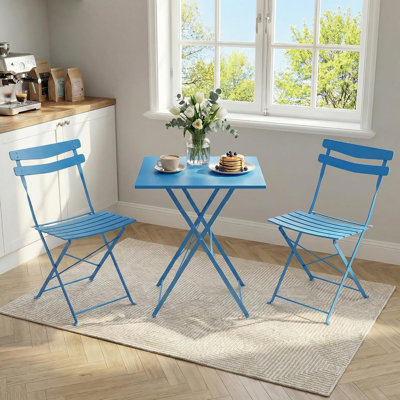Home 3 Piece Foldable Patio Bistro Set, Outdoor/Indoor Metal Table and Chairs Furniture, Compact Square Table with 2 Folding Chairs for Balcony, Porch, Deck, Garden, Apartment, Small Space, Blue