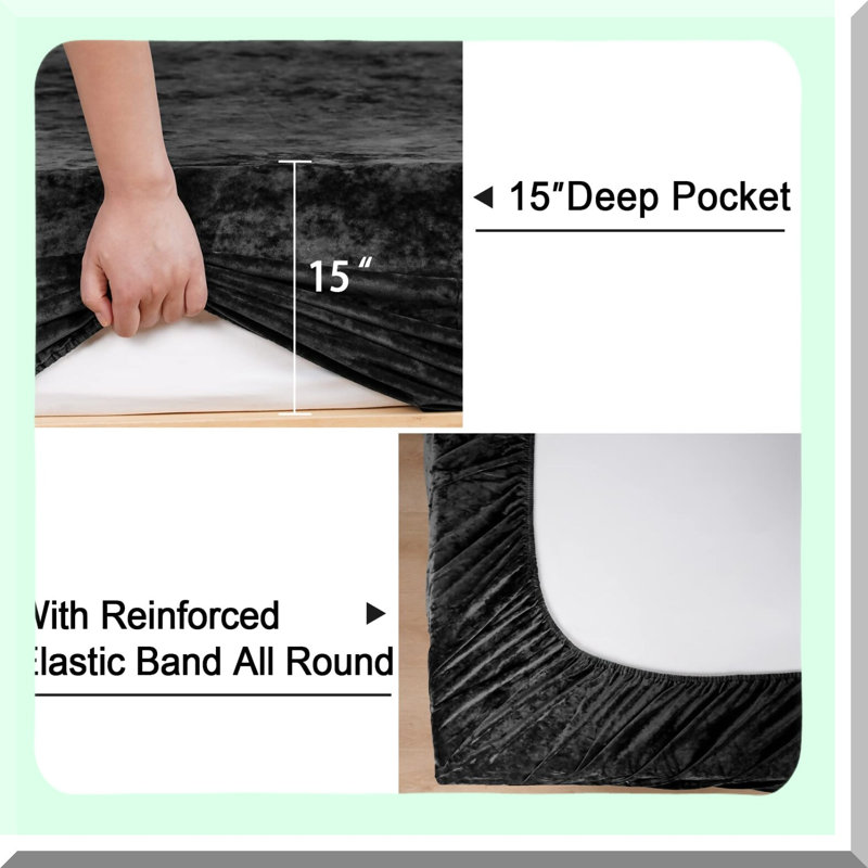 Luxury Velvet Cozy Queen Fitted Sheet - Super Soft Flannel Bottom Sheet with Deep Pocket - Fall Winter Spring Bedding - Black - 1 Pack