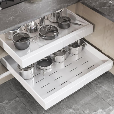 Lot de 2 organisateurs de placards coulissants profonds, tiroirs coulissants à largeur extensible avec système d'extension complet à 3 rails, étagères coulissantes sans perçage pour le rangement de la cuisine