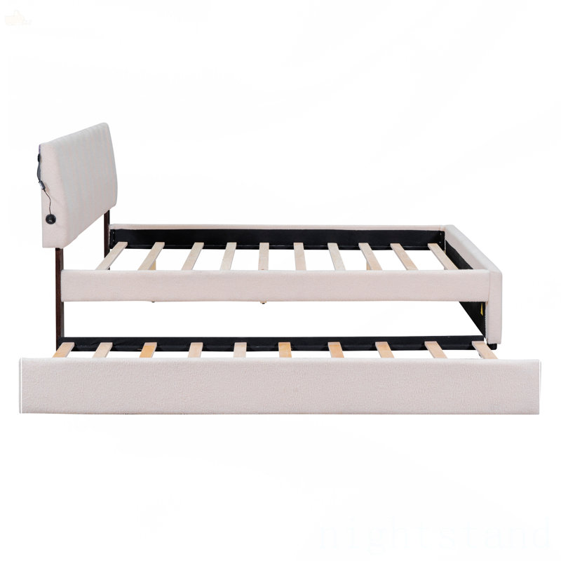 Lit plateforme tapissier grand avec lit gigogne simple Teddy, Grand
