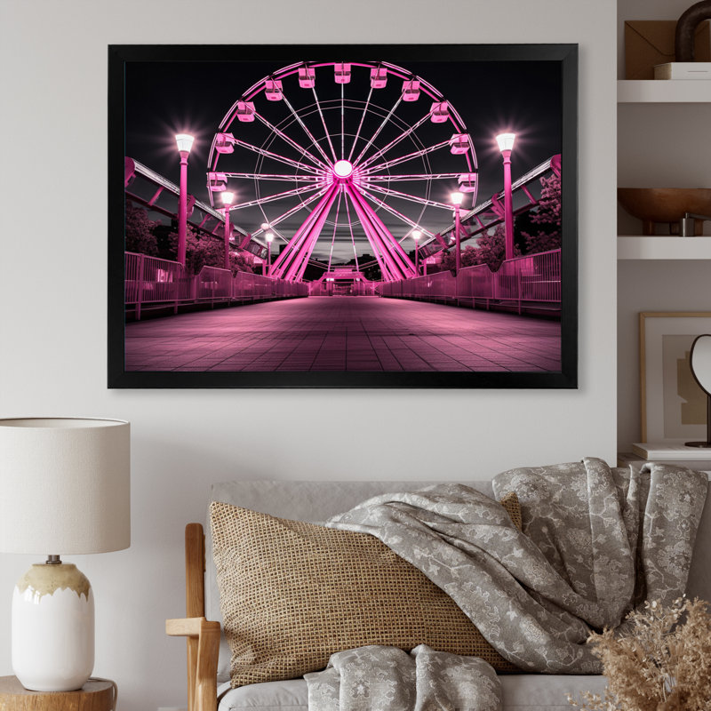 " Pink Ferris Wheel Merrygoround Magic I ", H 16 po x l 32 po x P 1 po, Cadre simple noir