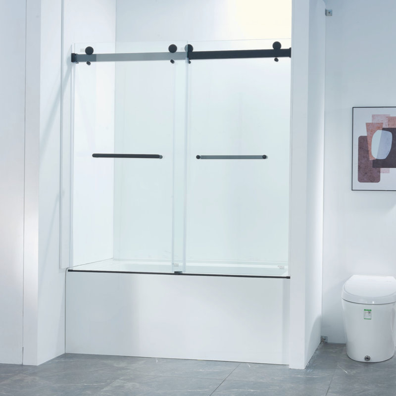 Porte de douche à double cuve coulissante sans cadre de 56 à 60 po x H 60 po, en acier inoxydable 304, en verre trempé clair de 5/16 po (8 mm) d'épaisseur.