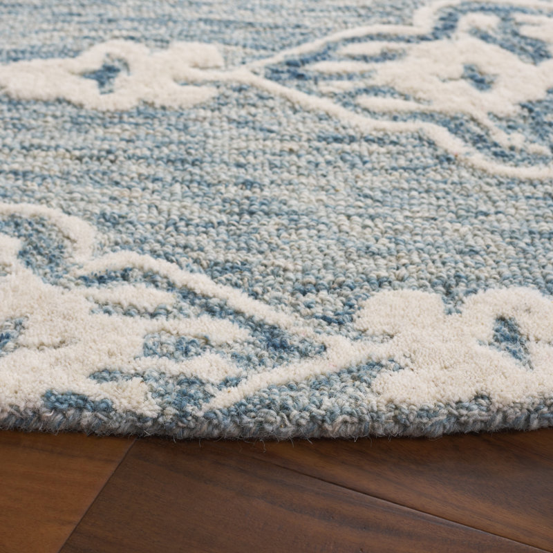 Ebony Hand Tufted Wool/Cotton Southwestern Rug in Ivory/Light Blue, Round 6'
