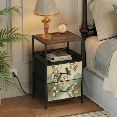 Table de chevet 2 tiroirs avec station de charge, table de chevet de chambre à coucher avec ports USB et prises de courant, tablette de chevet noire, table de chevet avec imprimé de fleurs de mer bleu orange