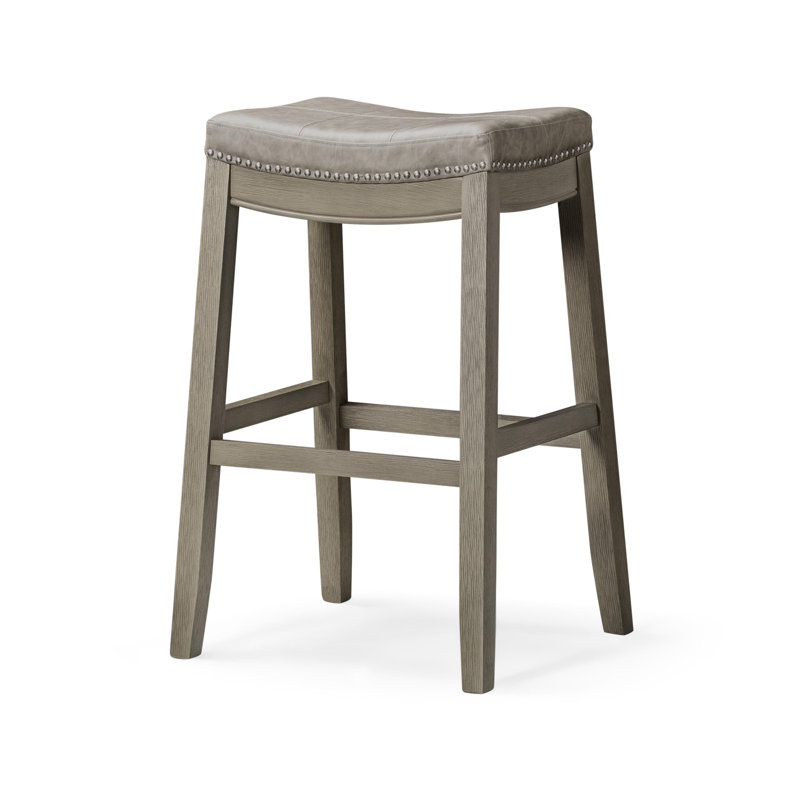 Maven Lane Sophia Wooden Backless Stool with Faux Leather Upholstery, Bar Stool (30.70" Seat Height), Aged Gray