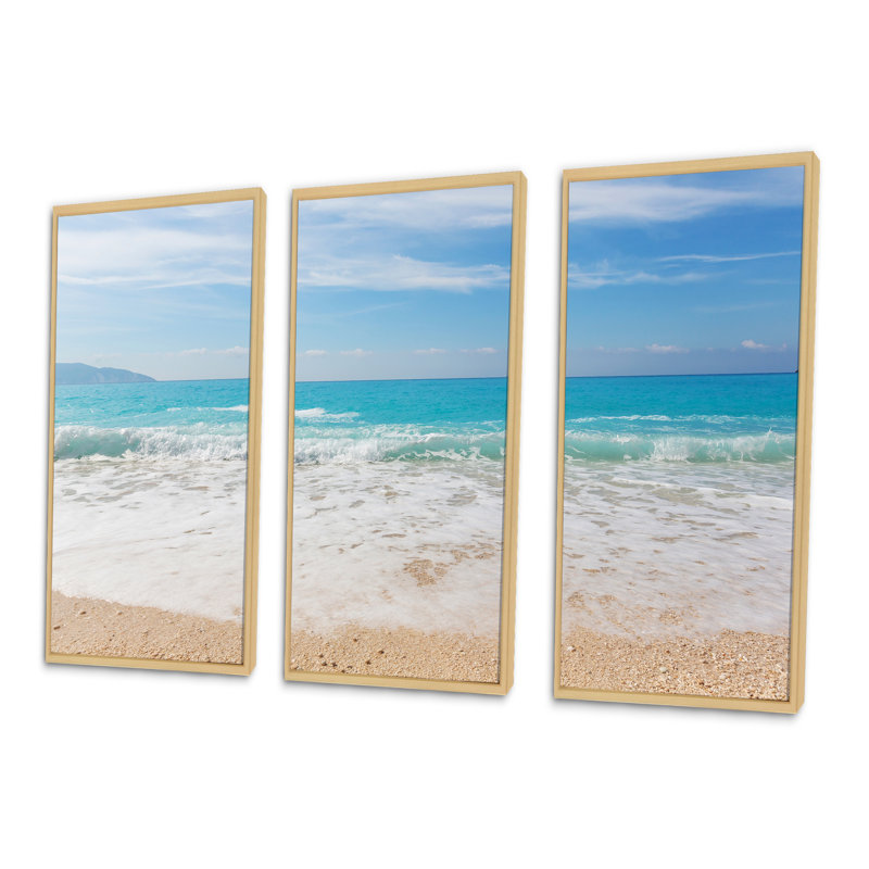 «White Waves Kissing Beach Sand - Sea & Shore», ensemble de 3 toiles murales encadrées, H 20 po x l 36 po, Naturel