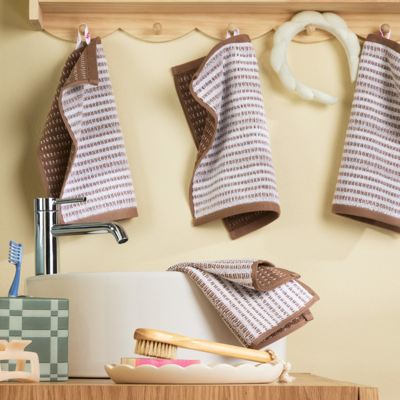 TOWN & COUNTRY PLAY 4-Piece Striped Reversible Terry Brights Washcloth Set, 13x13-Inch, 100% BCI Cotton, Mocha Brown