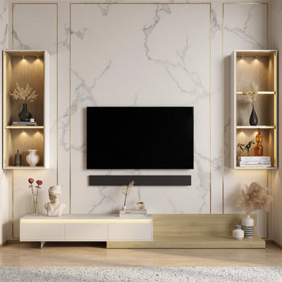 Modern TV Stand with LED Lights, 65.35 inch Entertainment Center Wooden Media Cabinet with Storage for Living Room Bedroom, White