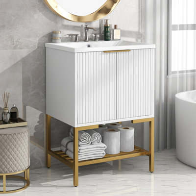 Maide 24"" Bathroom Vanity With Sink, Bathroom Vanity Cabinet With Two Doors And Gold Metal Frame, Open Storage Shelf -  Everly Quinn, 830DB24DCEC345C2A97029A503A97A77