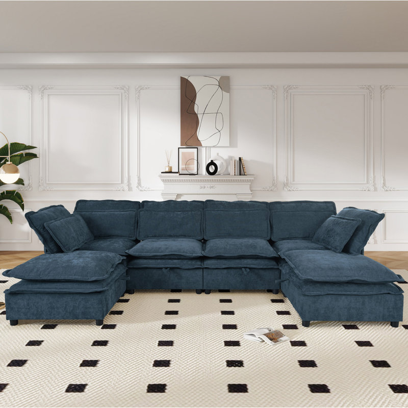 Double-Layer Cushion Modern Large U-Shaped Modular Sofa, Dark Blue