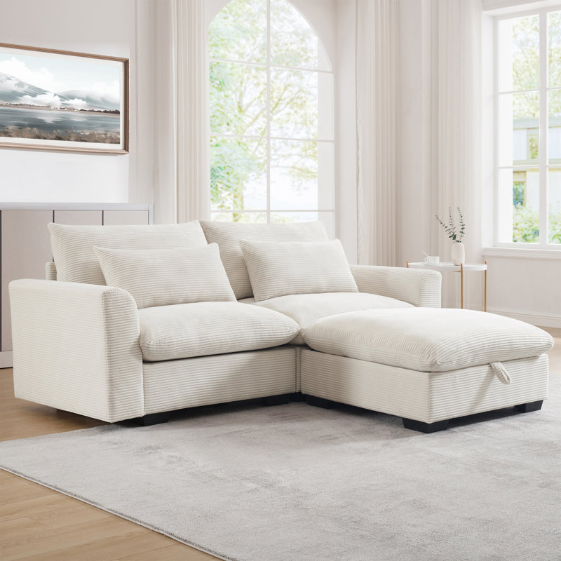 Karaka Corduroy L-Shaped Sectional, White Corduroy