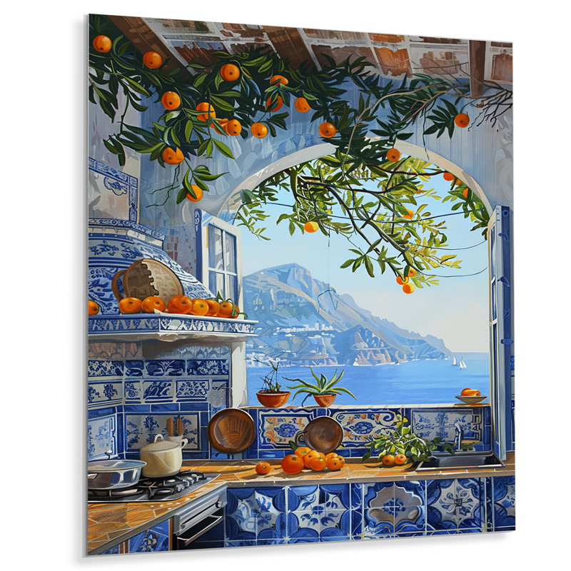 Fenêtre vue de la mer méditerranée cuisine oranges I - cuisine, art mural, Métal métal, H 40 po x l 30 po x P 1,5 po