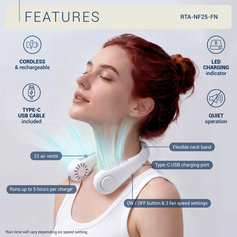 Rechargeable Neck Fan, Portable Bladeless Personal Fan, Hands-Free Wearable Cooling Fan with 3 Speeds, USB Rechargeable Lightweight Neck Fan for Travel, Outdoor Work, Camping, Office, Women & Men