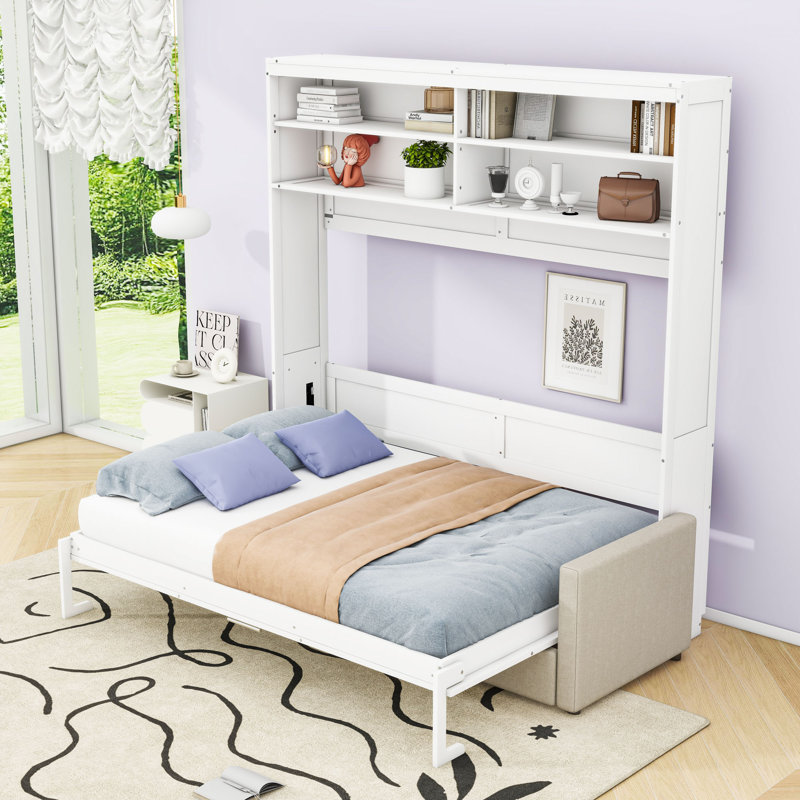 Queen Wood Murphy Bed with Sofa and Shelves, White