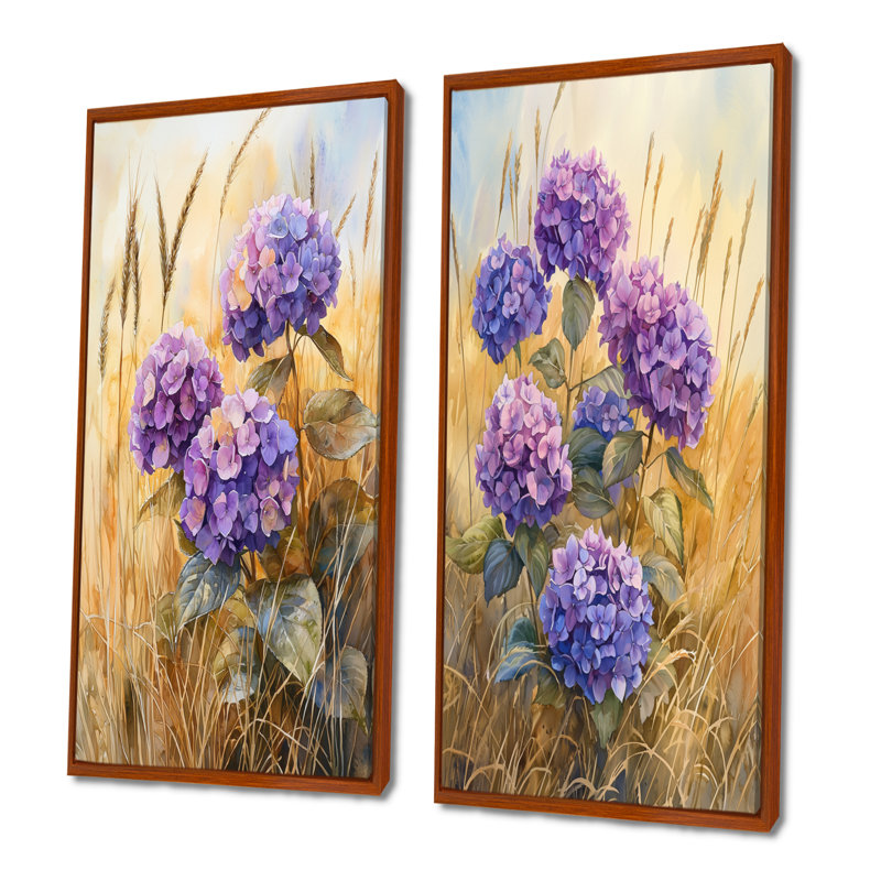 Hydrangeas In A Golden Field I - Floral Canvas Prints 2 Panels Collection, H 40 po x l 41 po, Brown Floater Framed
