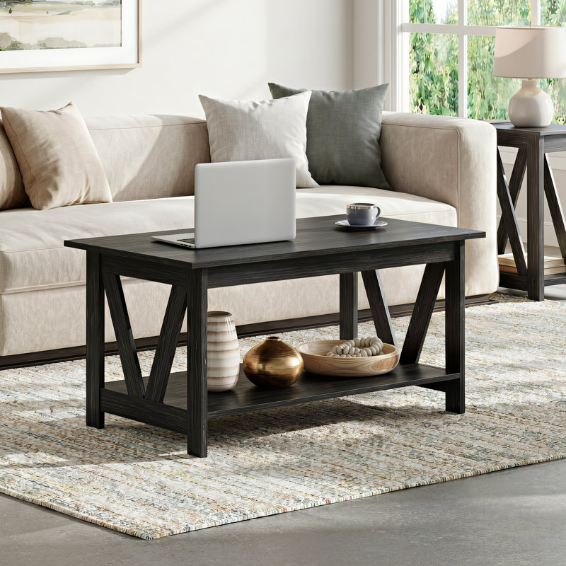 Table basse avec tablette de rangement, table basse de style campagnard de 39,4 po avec support en V, table centrale rustique en bois à 2 niveaux pour le salon, la chambre à coucher et le balcon