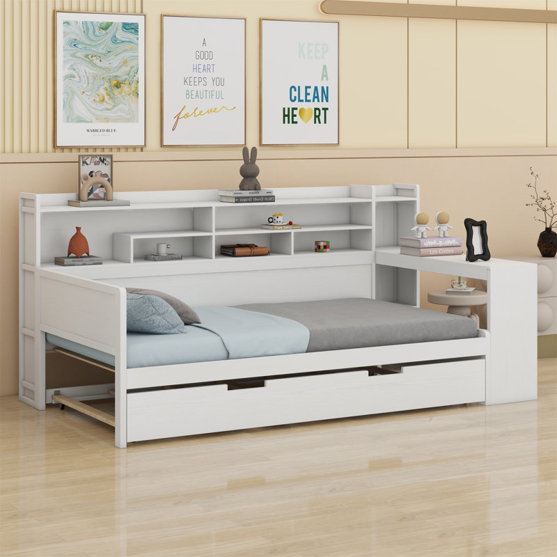 Lit de jour en bois avec tablettes de rangement, lit multifonctionnel avec lit gigogne et bureau d'étude, Blanc antique