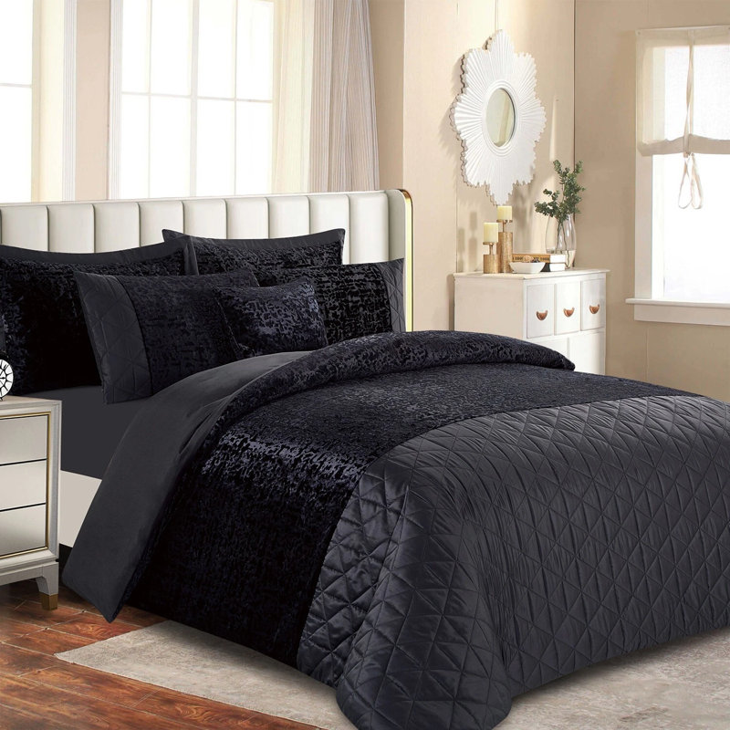 Velvet Geometric Duvet Cover with Pillowcases, Black, Double Duvet Cover + 2 Standard Pillowcases