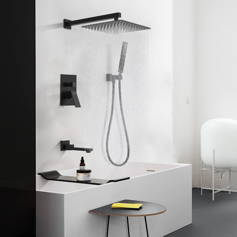 Système de pomme de douche à effet de pluie avec robinet de baignoire Chander et douchette pour salle de bain, noir mat 3 fonctions