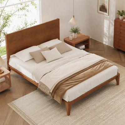 Lit plateforme moderne en bois de bambou de taille moyenne de 12 pouces avec support en métal et lattes de bois, aucun sommier nécessaire
