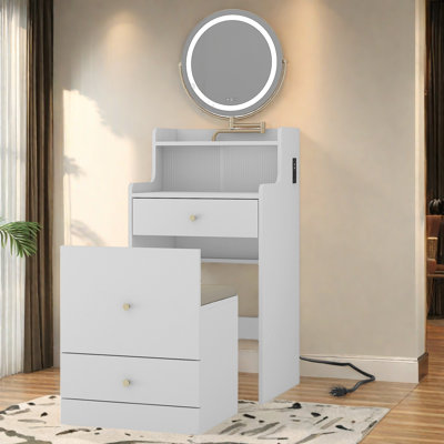 Ensemble de coiffeuse 3 en 1 avec miroir et lumière, petit ensemble de coiffeuse avec station de recharge, 2 tiroirs et espace de rangement ouvert, avec tabouret rembourré, bureau de coiffeuse compact