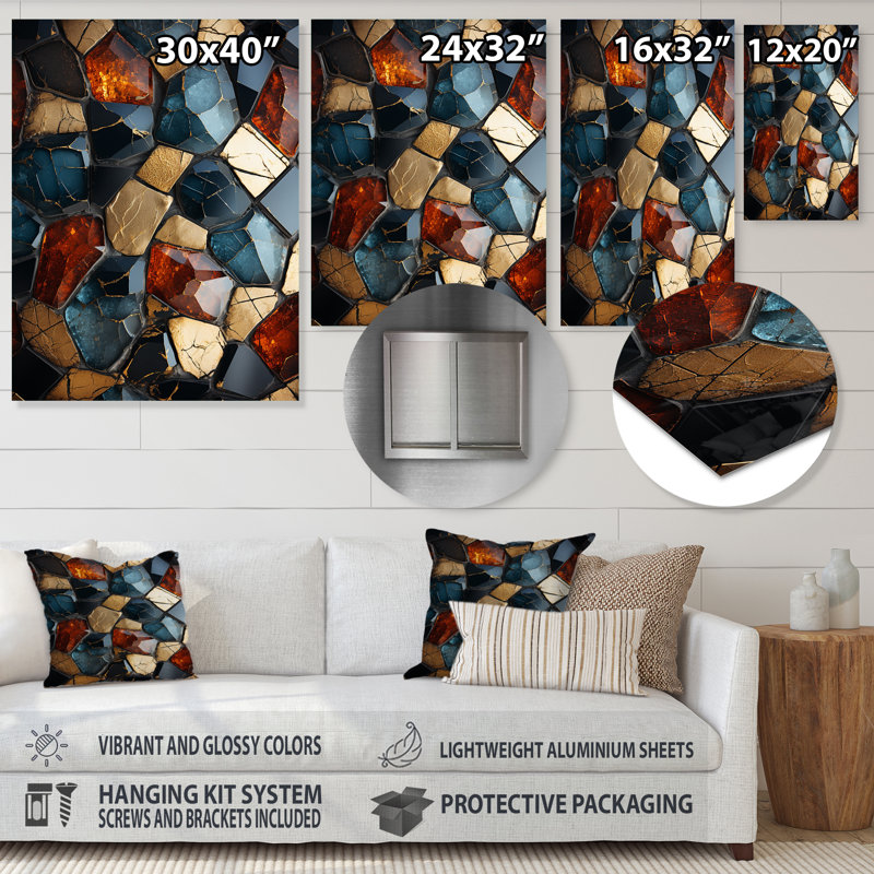 Carreaux de mosaïque cubiques dorés et bleus III - art mural abstrait en métal, H 32 po x l 16 po x P 1 po