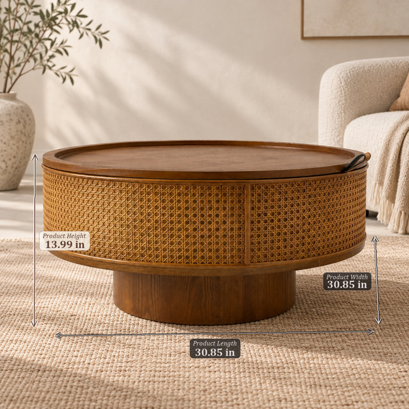 Table basse ronde de style bohème avec rangement intégré, 78,3 cm (30,85 po), en rotin brun noyer avec espace de rangement dissimulé
