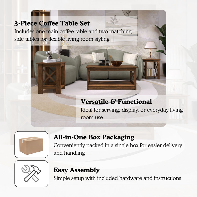 3-Piece Coffee and End Table Set with X-Style Accents in Black, Brown