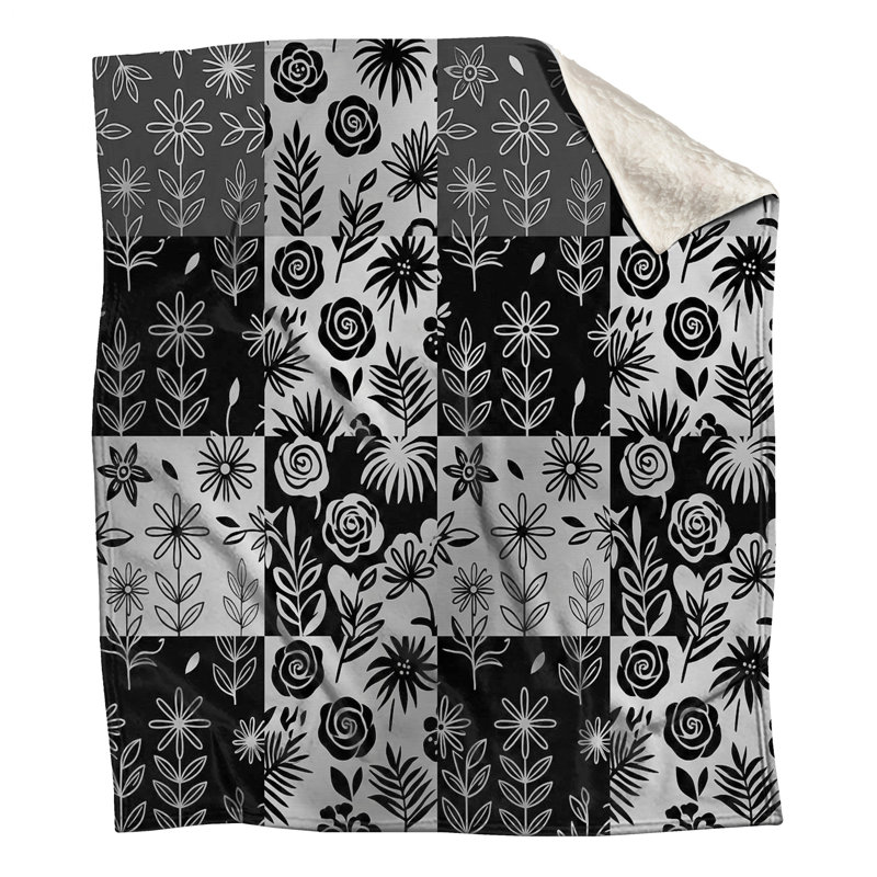 Black White Floral Pattern Blankets, 60in W x 80in H