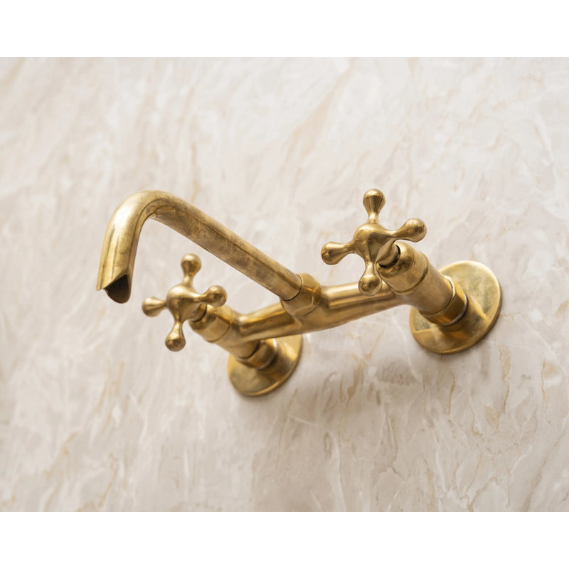Unlacquered Brass Wall Mounted Bathroom Faucet With Cross Handles – Solid Brass Tub Filler