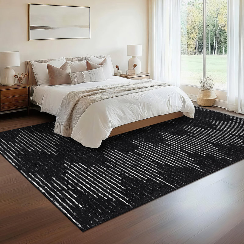 Modern Machine Washable Striped Rug for Living Room Non-Slip Low Pile Stain-Resistant Contemporary Geometric Soft Indoor Carpet for Bedroom Dining Room