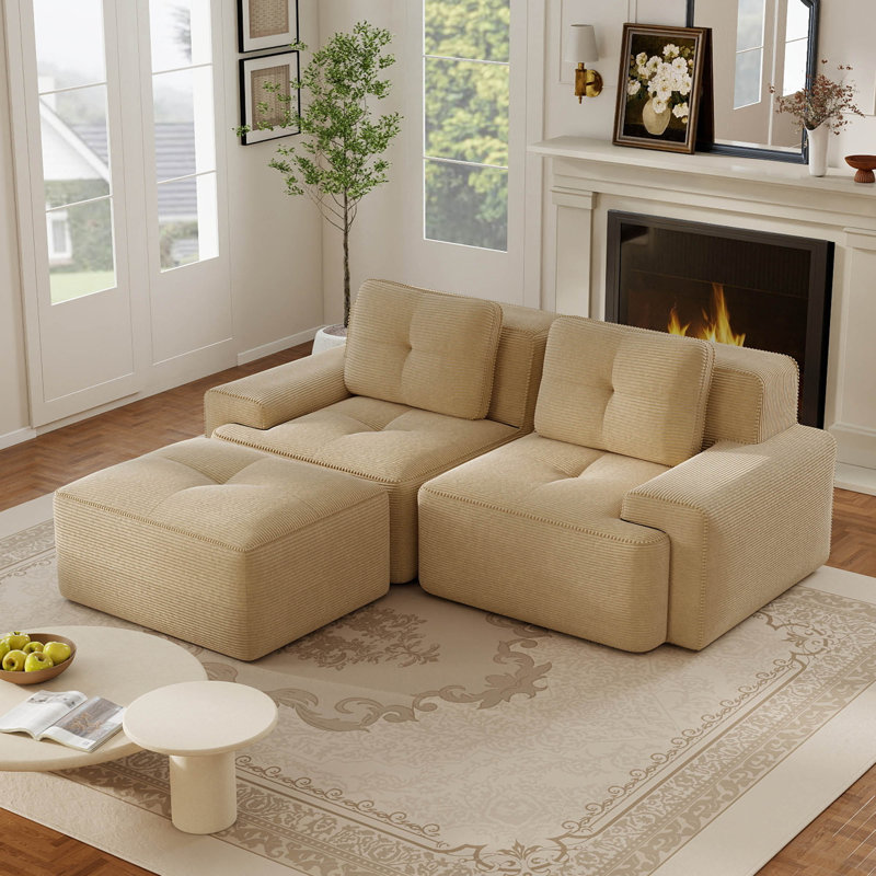 Canapé modulaire en velours côtelé de 80 po avec repose-pieds mobile, Camel Corduroy, 80.3" W x 27.1"H x 69.7"D