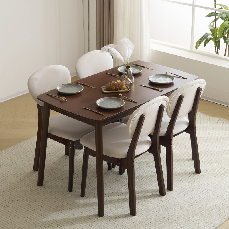 5-Piece Solid Wood Dining Set  for 4 , Modern Kitchen Table with Upholstered Chairs , Brown, Cream/Brown