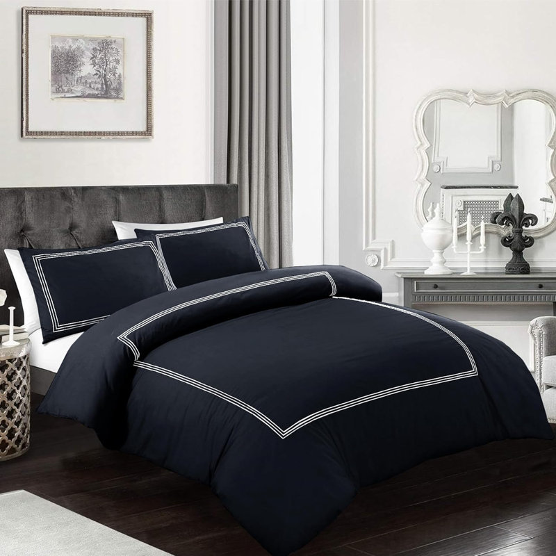 Cotton Blend Duvet Cover Set with Pillowcases, Black/White, Double Duvet Cover + 2 Pillowcases