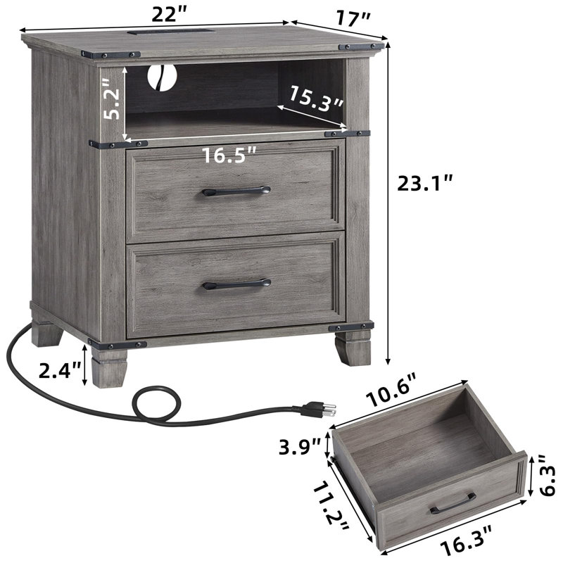 22" Farmhouse Nightstand with Charging Station, End Table with 2 Drawers,Rustic Wood Dresser for Bedroom,Bed Side Table Chest of Drawers Cabinet,Night Stand for Living Room (Grey)