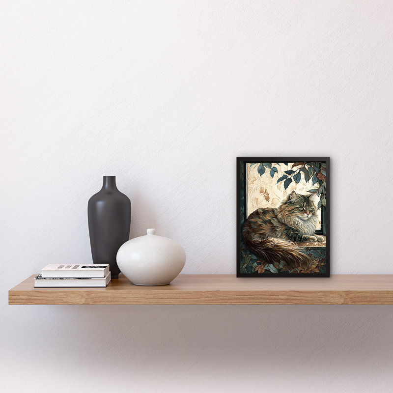 Siberian Cat Perched On Window Sill In Autumn Modern - Single Picture Frame Print