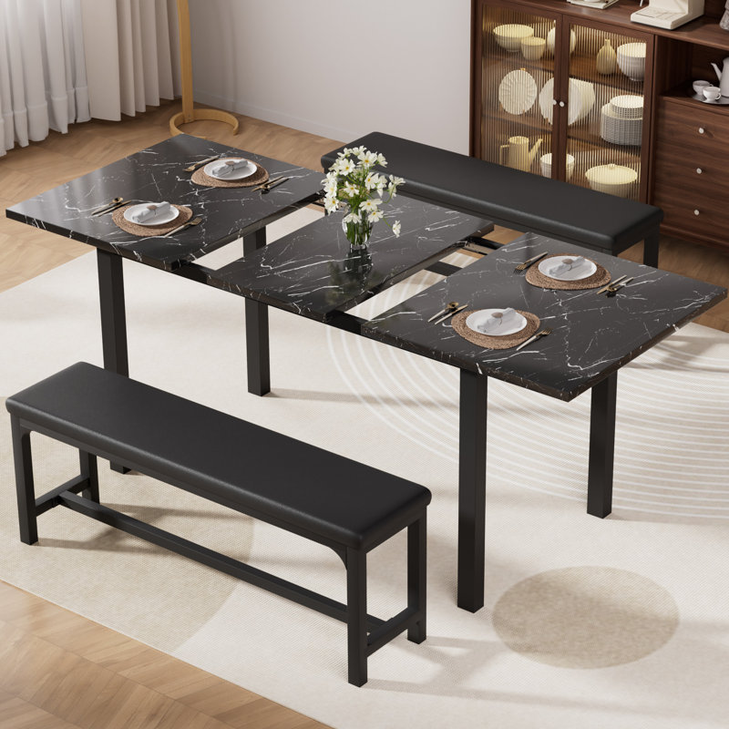 Vidala 63" Extendable Dining Table Set with Benches, Rectangular Wood and Metal Kitchen Table Set for 6-8 People, Space-Saving Expandable Dining Room Furniture, Multifunctional Small Apartment Table