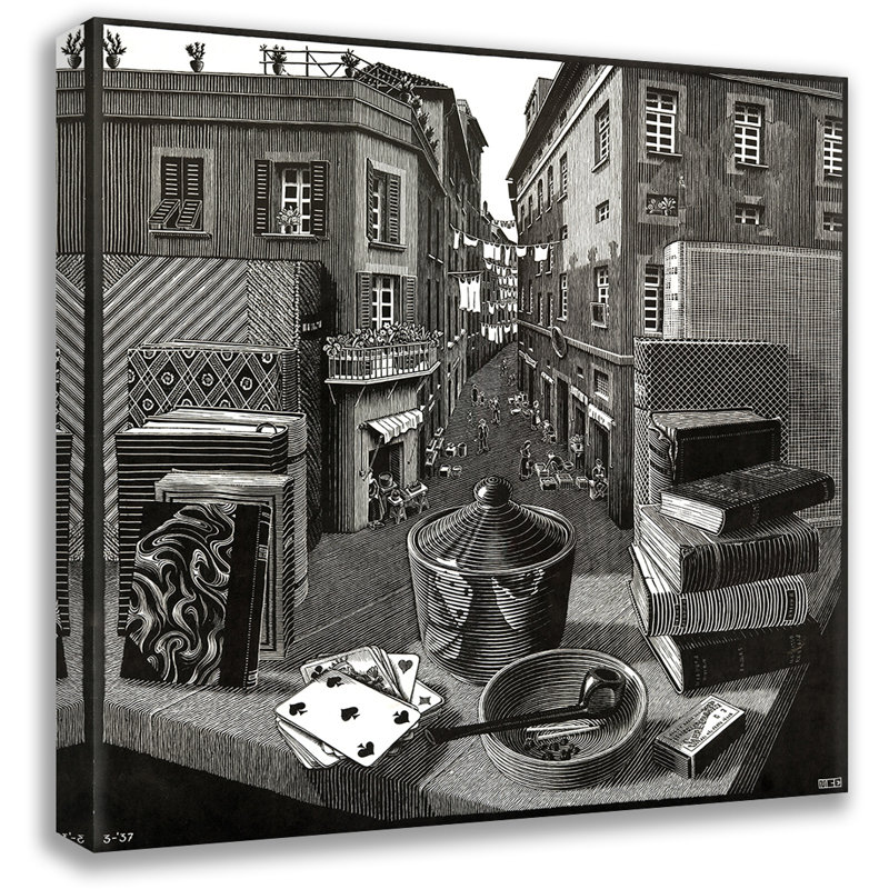 «Still Life and Street» par M.C.Escher, toile tendue avec châssis, H 40 po x l 28 po