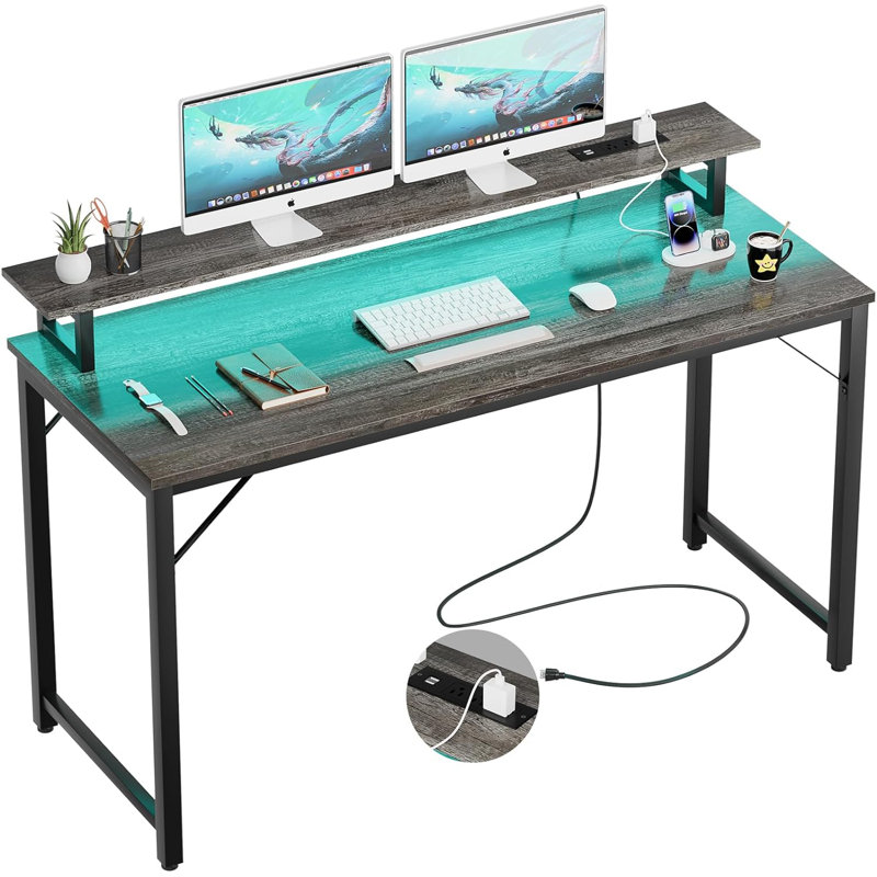 Iancarlo Metal Base Computer Desk with Power Outlet, Oak/Black, 33.9" H x 55.1" W x 19.7" D