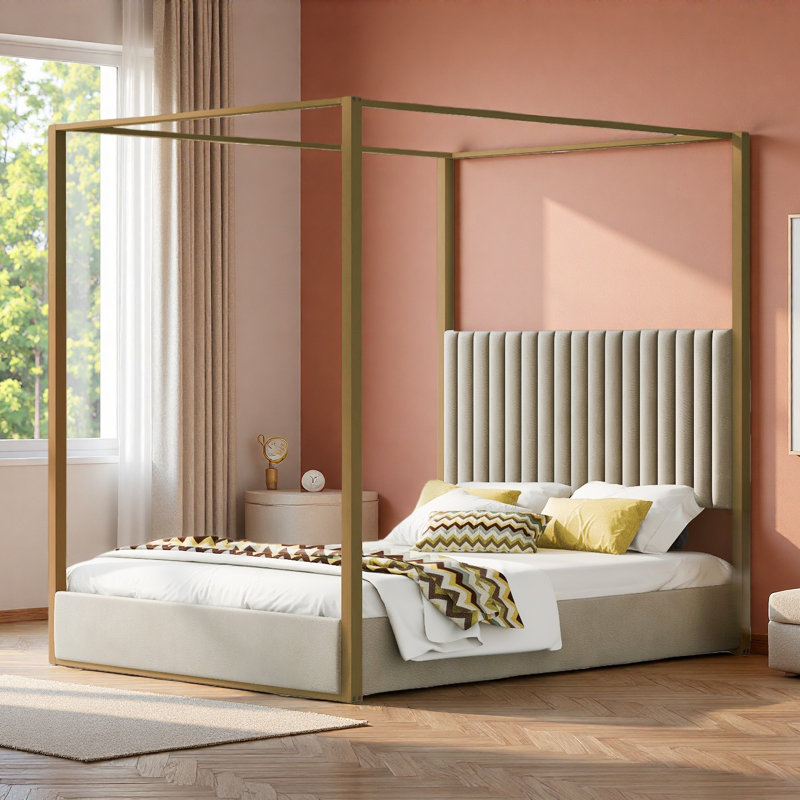 Lit plateforme à baldaquin avec tête de lit tapissier et structure en métal Upholstery, Beige/or