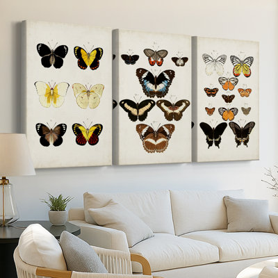 Papillons rétro I - Toile tendue avec châssis sur mesure - 3 pièces