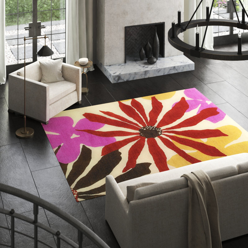 Wool Floral Area Rug in Beige/Purple/Red, Rectangle 3' x 5'