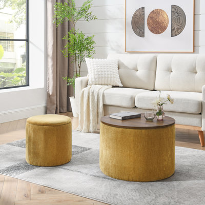 Ensemble de 2 repose-pieds ronds en chenille avec rangement, équipé d'un petit tabouret en forme de tambour, d'un espace de rangement et d'un panneau de bureau en panneau de fibres à densité moyenne (jaune foncé 23,62 po x 23,62 po x 16,53 po)
