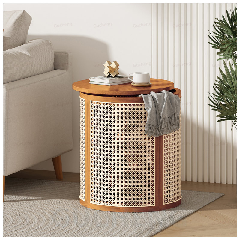 Table de bout ronde avec imitation rotin tissé, conception compacte pour un assemblage facile et décoration intérieure polyvalente