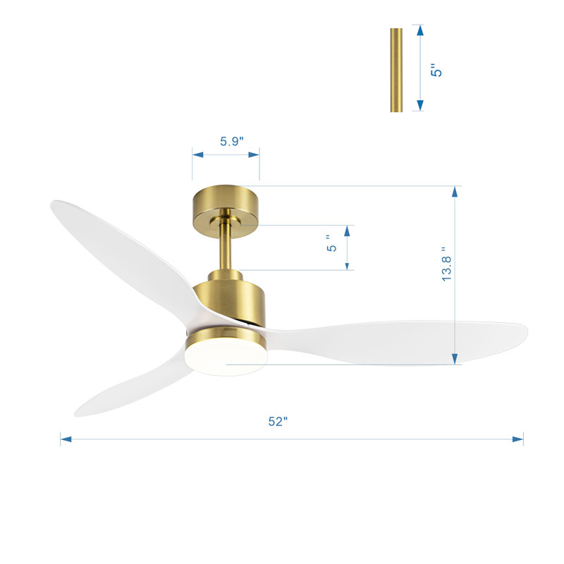 Loritta 52'' 3 - Blade Large Indooor Ceiling Fan With Light Kit and Remote, 3 LED Colors, 6 Speed Noiseless DC Motor, Timer