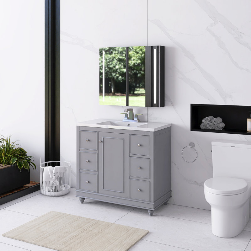 36 po Meuble-lavabo autoportant avec plateau en résine blanche non assemblé, Gris