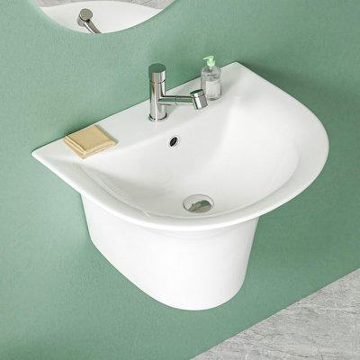 Lavabo de salle de bain mural en U en porcelaine vitrifiée en forme de U l 21 po x P 17,5 po avec 1 trou de robinet et trop-plein