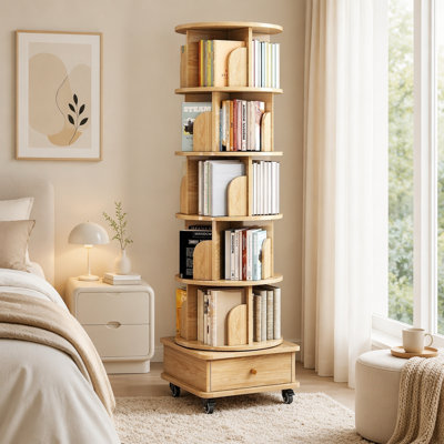 6 Tier Rotating Bookshelf, 360° Display Round Spinning Bookshelf With Wheels And Drawer, Space-Saving, Small Space Rotating Bookshelf Tower For Bedroom, Living Room, Home, Office, Wood Color